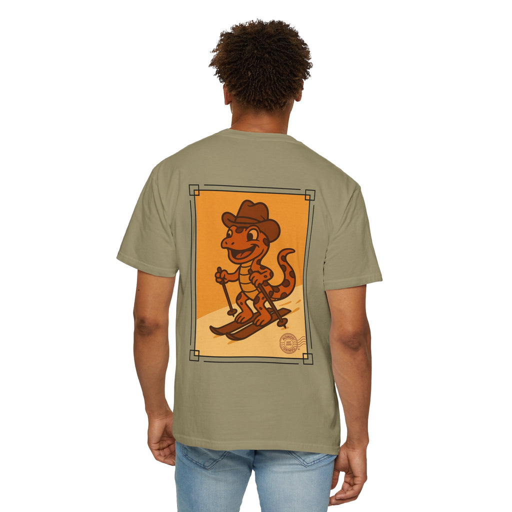 “Microclimate Mike” the Skiing Salamander™️ — Relaxed Comfort Colors travel tee, with southwest inspired designs. Perfect t-shirt for traveling, road trips or collecting. ✨6 colors available.