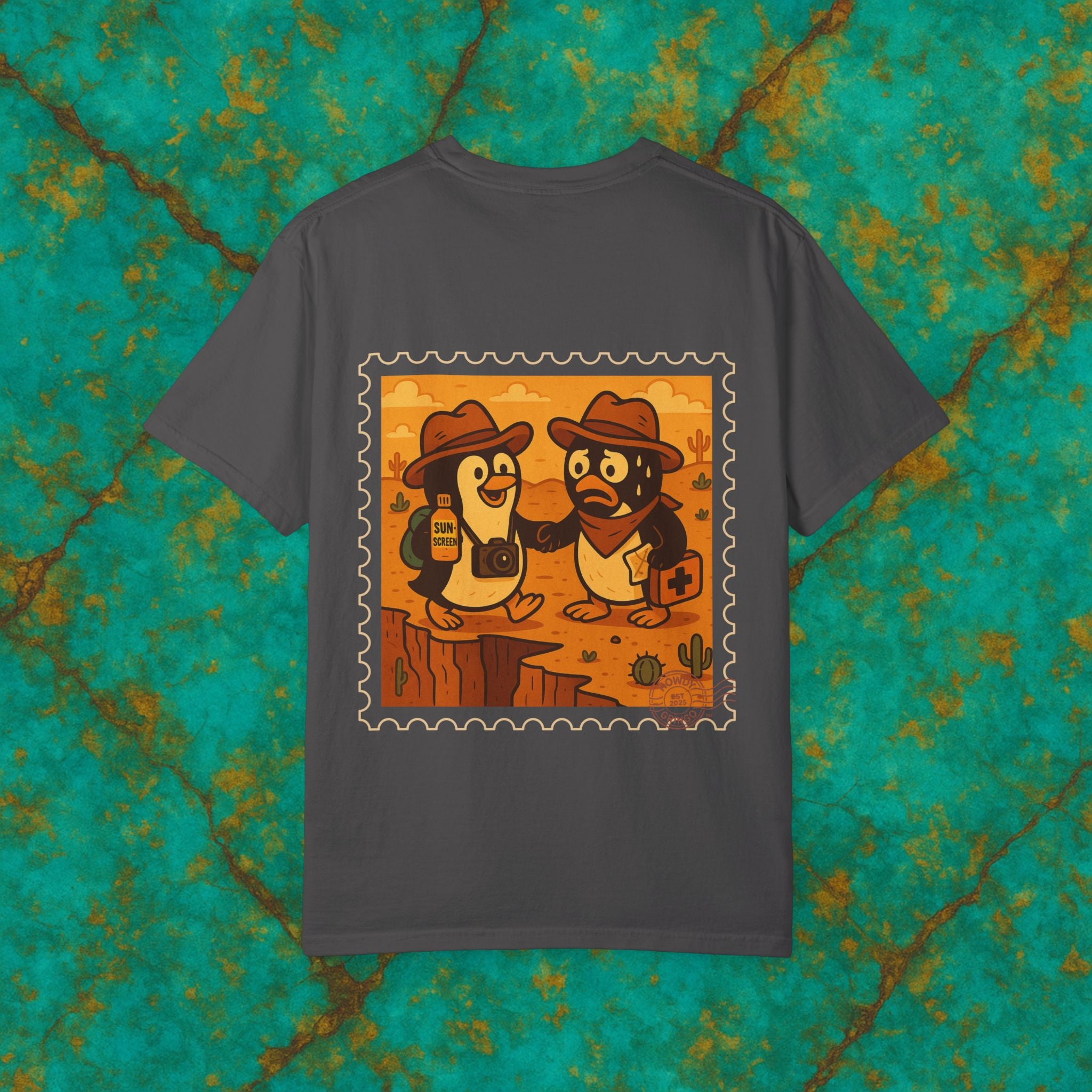 Pablo & Pebble “Pair-a-Noid Penguins”™️ — Relaxed Comfort Colors travel tee, with southwest inspired designs. Perfect t-shirt for traveling, road trips or collecting.✨7 colors available.