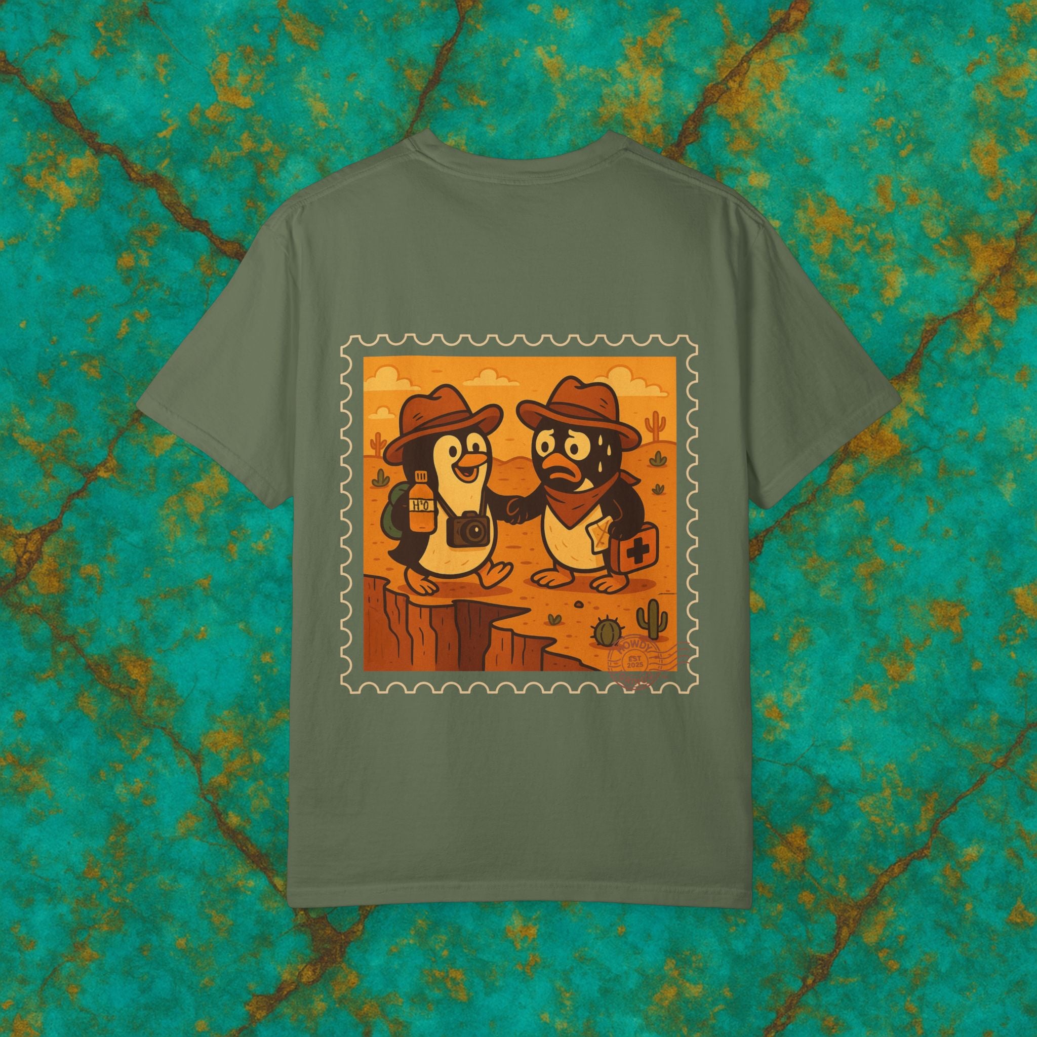 Pablo & Pebble “Pair-a-Noid Penguins”™️ — Relaxed Comfort Colors travel tee, with southwest inspired designs. Perfect t-shirt for traveling, road trips or collecting.✨7 colors available.