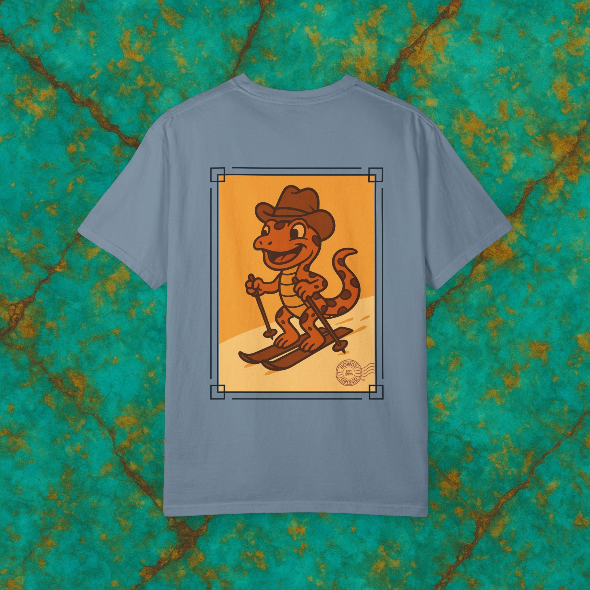 “Microclimate Mike” the Skiing Salamander™️ — Relaxed Comfort Colors travel tee, with southwest inspired designs. Perfect t-shirt for traveling, road trips or collecting. ✨6 colors available.