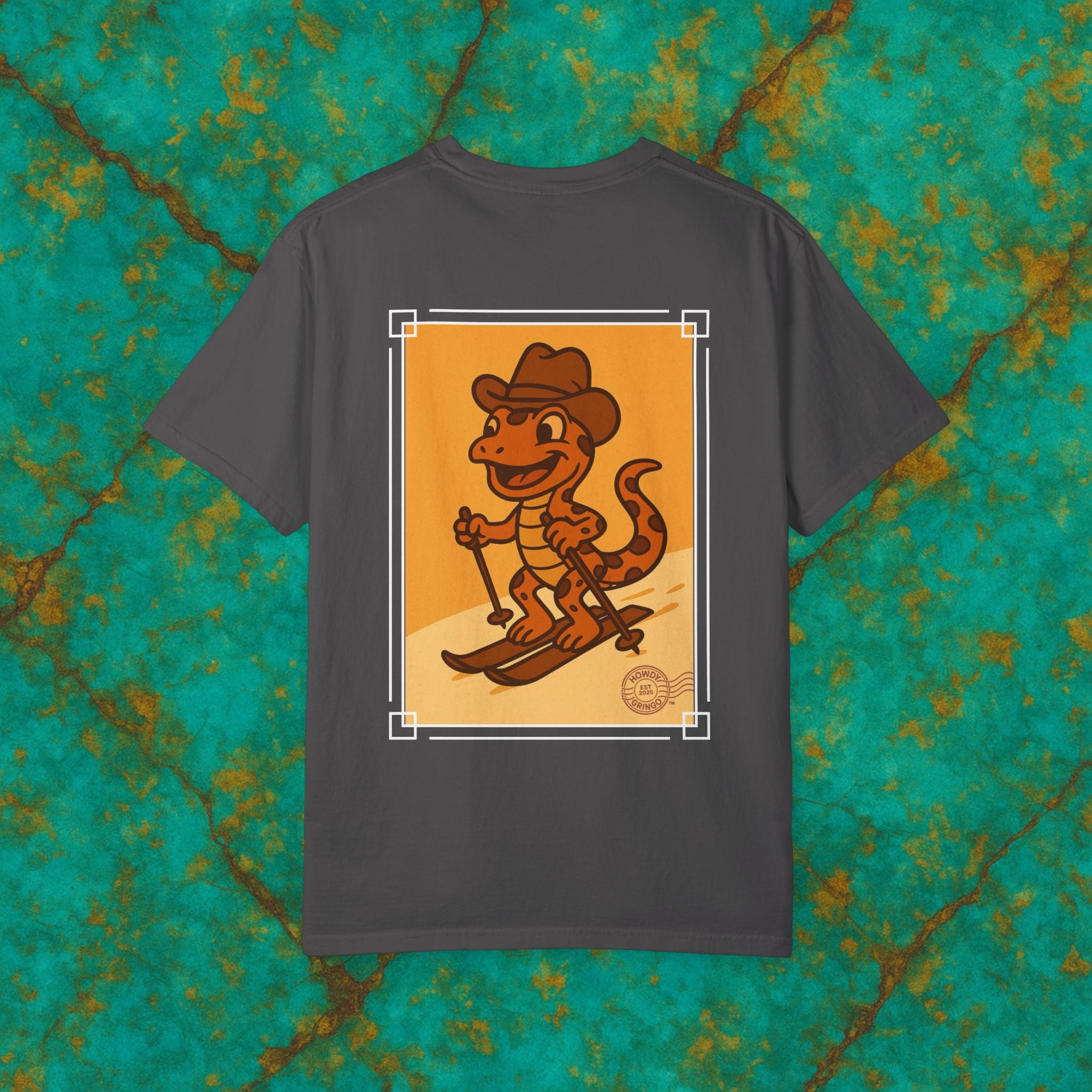 “Microclimate Mike” the Skiing Salamander™️ — Relaxed Comfort Colors travel tee, with southwest inspired designs. Perfect t-shirt for traveling, road trips or collecting. ✨6 colors available.