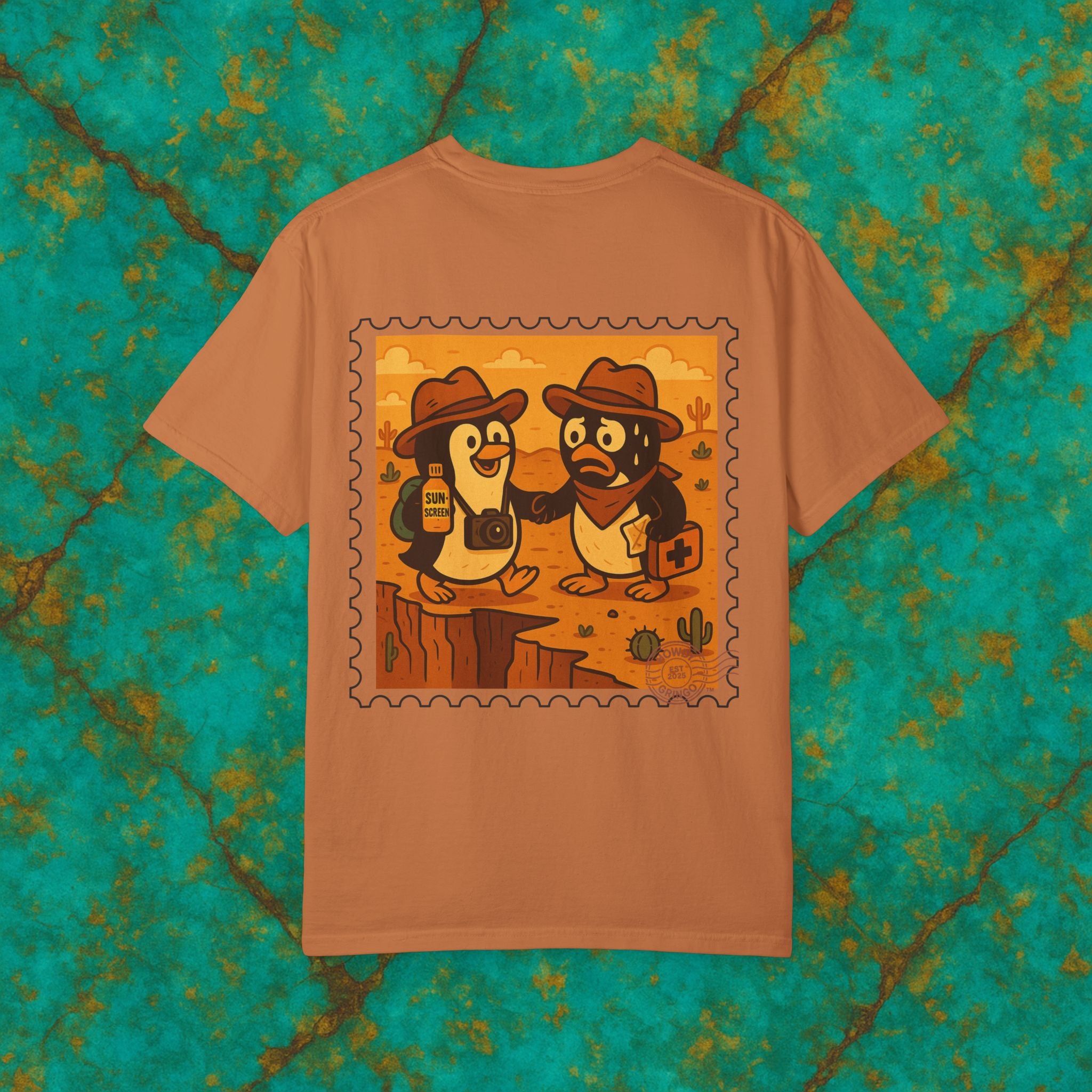 Pablo & Pebble “Pair-a-Noid Penguins”™️ — Relaxed Comfort Colors travel tee, with southwest inspired designs. Perfect t-shirt for traveling, road trips or collecting.✨7 colors available.
