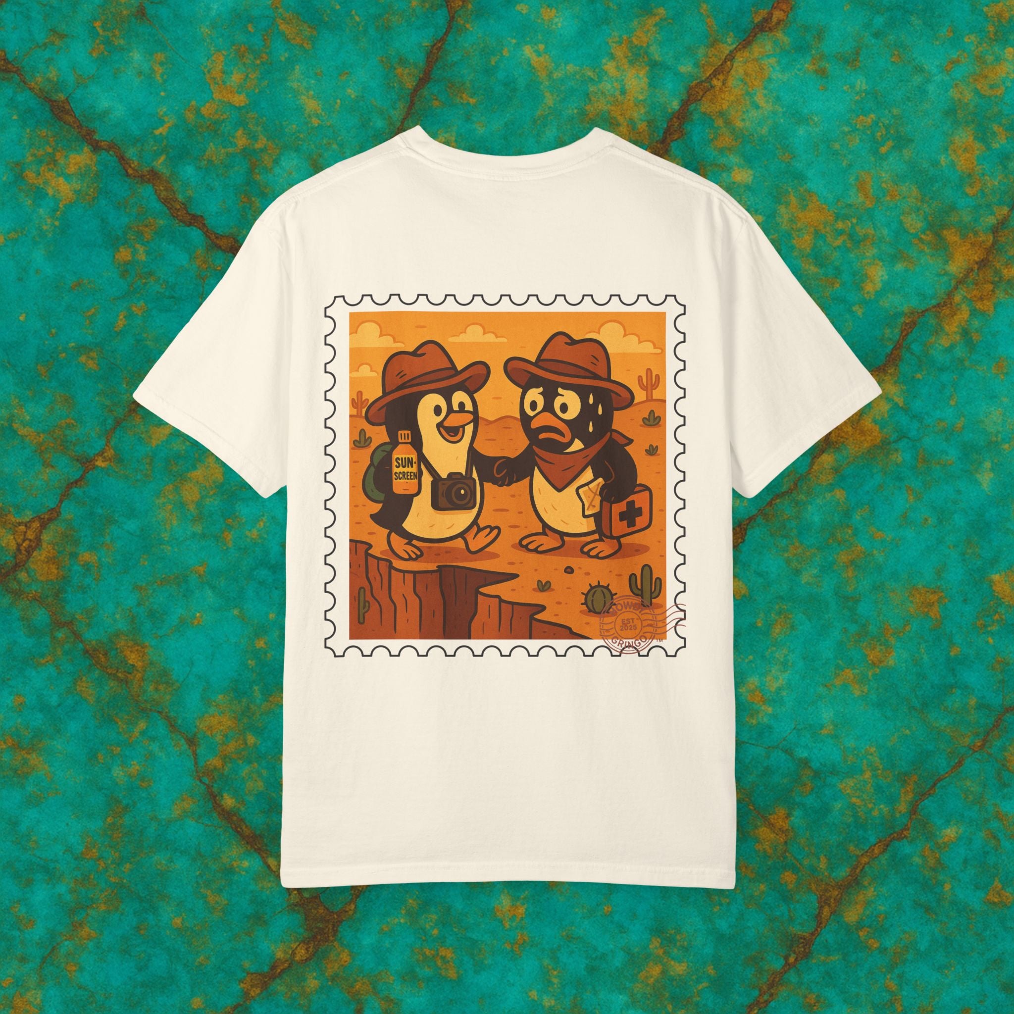 Pablo & Pebble “Pair-a-Noid Penguins”™️ — Relaxed Comfort Colors travel tee, with southwest inspired designs. Perfect t-shirt for traveling, road trips or collecting.✨7 colors available.